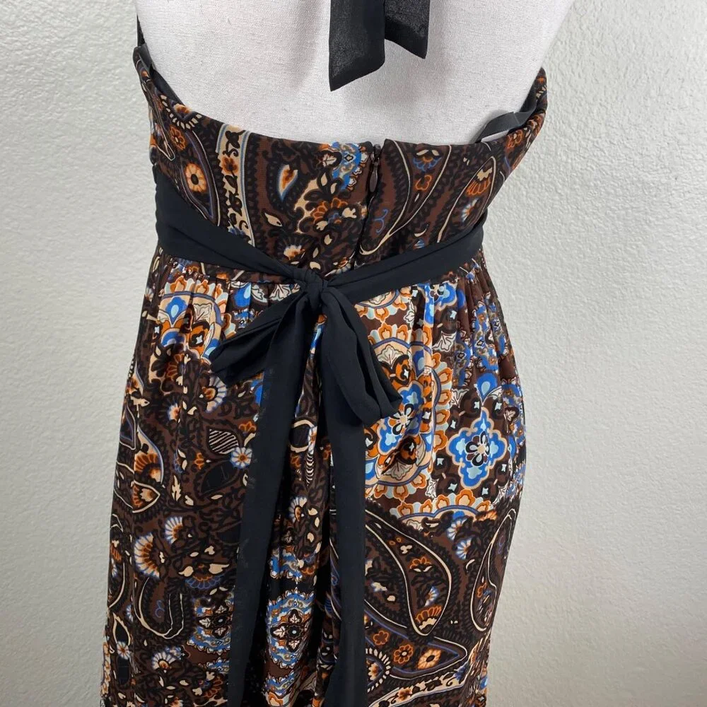 Bisou Bisou Michelle Bohbot Dress Babydoll Halter Maxi Brown Sz 8 Resort Boho